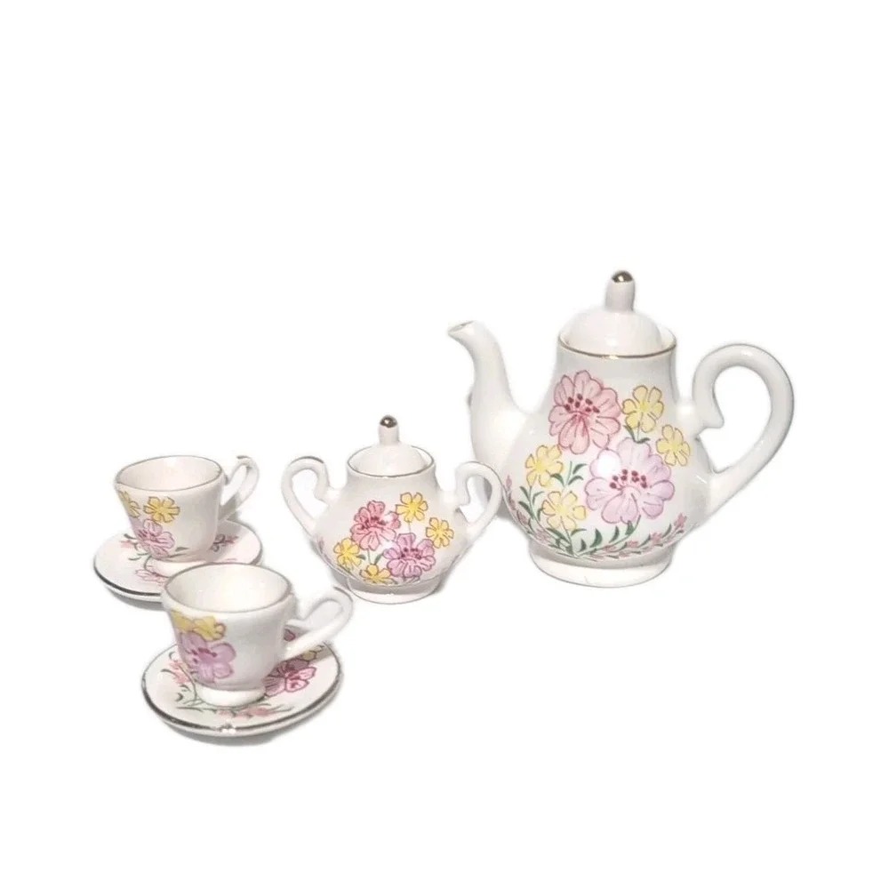 Dollhouse Set Of Miniature Ceramic Plates, Teapot, Cups, & Cream Vintage Flowers